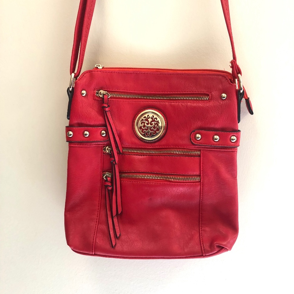 Studded Red Faux Leather Crossbody Bag